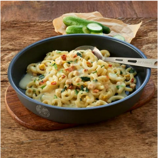 Fideos en nata con pollo y espinaca