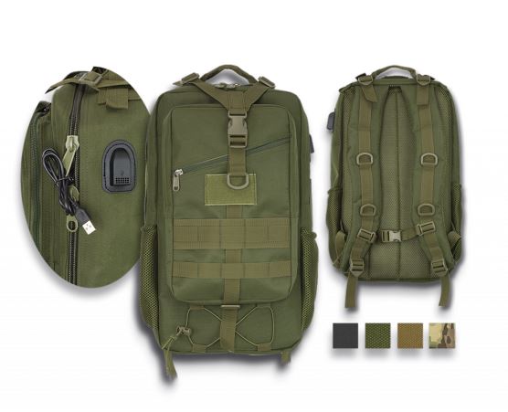 Mochila Barbaric con conector USB y cable.